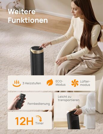 Електричний обігрівач Dreo 2000W з термостатом та Wi-Fi, 16 дюймів, 3 режими, 3 швидкості, 12h таймер, для спальні, золотий
