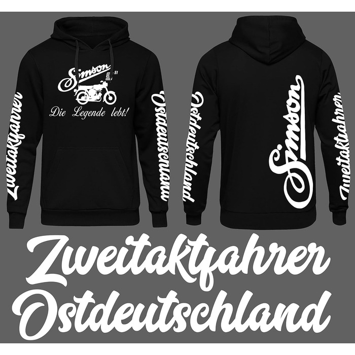 Чоловічий худі UGLYSHIRT Simson Ostdeutschland — чорний світшот з капюшоном для любителів двотактних мотоциклів S50, S51 та Trabant