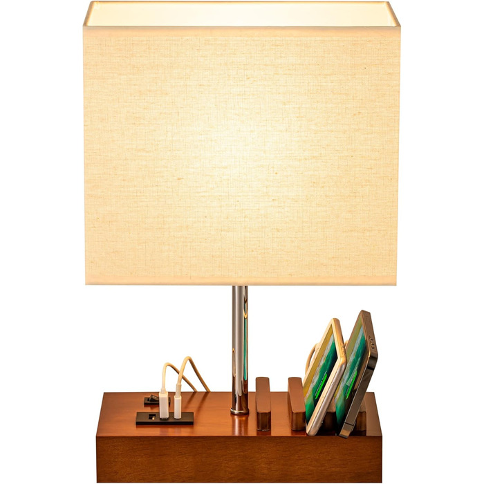 Настільна лампа Dreamholder з 3 USB-портами (A+C), підставкою для телефону, для спальні, вітальні, офісу, з натуральним дерев'яним цоколем та тканинним абажуром (цоколь з горіхового дерева)
