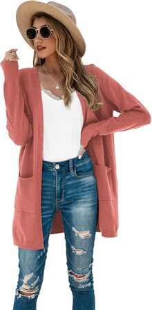 Кардиган жіночий Saodimallsu трикотажний, довгий, легкий, однотонний, з кишенею, темно-рожевий, розмір M