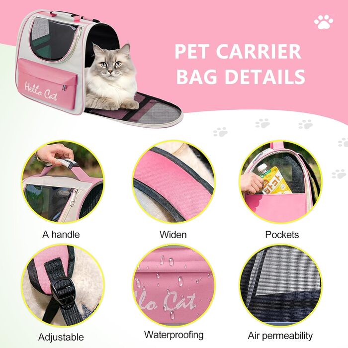 Рюкзак для тварин з сіткою, складаний рюкзак для кота/собаки з мискою для подорожей, водонепроникний оксфорд, об'єм до 15 кг (Рожевий)