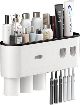 Toothpaste Dispenser Bathroom Toothbrush Holder Set, Wall-Mounted Toothbrush Holder with Double Automatic Toothpaste Dispenser, 3 Cups, and Drawer for Bathroom