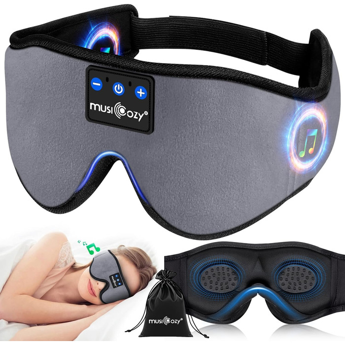Маска для сну Musicozy з навушниками | Bluetooth 5.4, блокування світла, для подорожей, преміум-якість | Подарунок для чоловіків та жінок (Сірий)