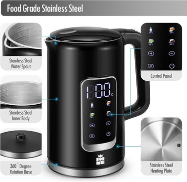Електричний чайник ForMe з нержавіючої сталі, 1,7 л, регулювання температури 40-100°C, LED дисплей, функція підтримання тепла, без BPA (чорний)