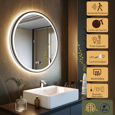 LED дзеркало з сенсором, круглий, індукційне, для макіяжу, з підсвічуванням, регульоване, антизапарник, IP44, вологостійке, настінне, 60 см