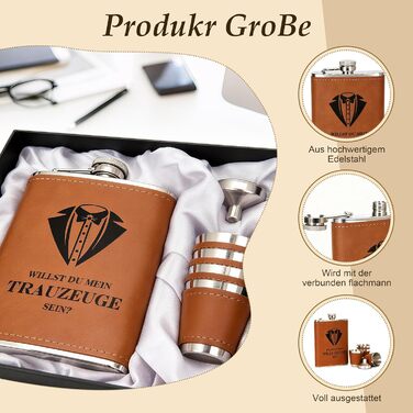 Персоналізований набір фляг 8oz з гравіюванням – фляга з нержавіючої сталі, 4 склянки, воронка та подарункова коробка для друзів нареченого/нареченої, подарунок на весілля для чоловіків та жінок (колір: коричневий)