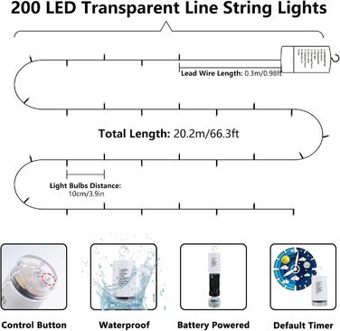 Льохтерна гірлянда Joomer на 20 метрів, 200 LED, тепле світло, таймер, 8 режимів, для прикраси ялинки, балкона, кімнати, вечірки, весілля, фестивалю, вологостійка