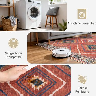 Килимок-довгий килим для коридору, кухні, з антиковзаючою основою, коротким ворсом, пральний, складаний, у стилі бохо – для коридору, кухні, вітальні та офісу, чорно-білий (60 x 240 см, червоний)