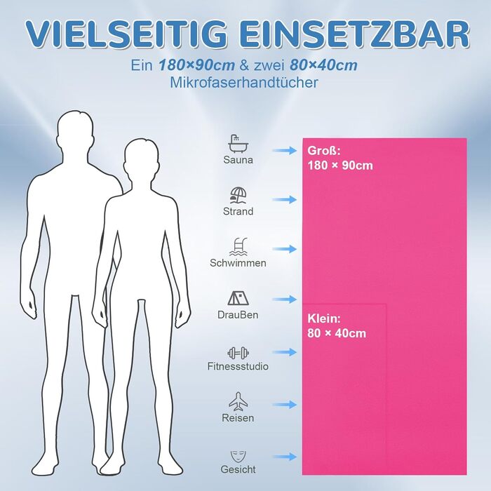 Набір з 3 рушників з мікрофібри: великий 180x90 см та 2 маленькі 80x40 см. Швидковисихаючі спортивні рушники з мікрофібри для подорожей, душу, фітнесу, спорту та пляжу (рожевий)
