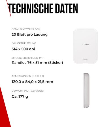 Canon Zoemini 2 perlweiß - Міні фотодрук принтер, мобільний, портативний, білий. Комплект для друку (5x7,6 см, для смартфону/планшету, вбудований акумулятор) + 20 ZINK картриджів + 10 круглих наліпок