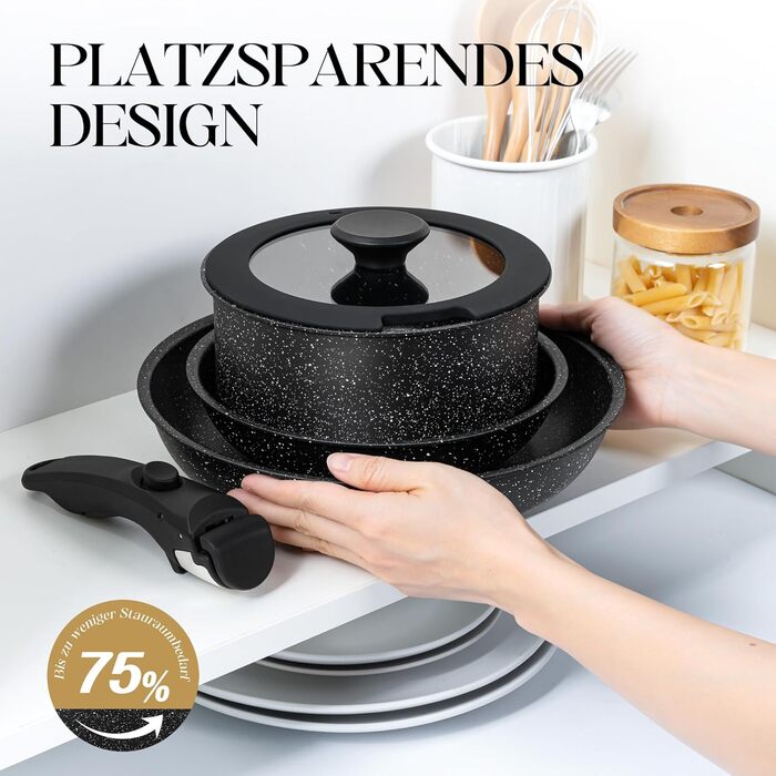 Набір сковорідок Michelangelo (20/24/28 см) з знімним ручками, індукційне дно, антипригарне покриття з мармуру, до 240°C, чорний (5-ти частинний)