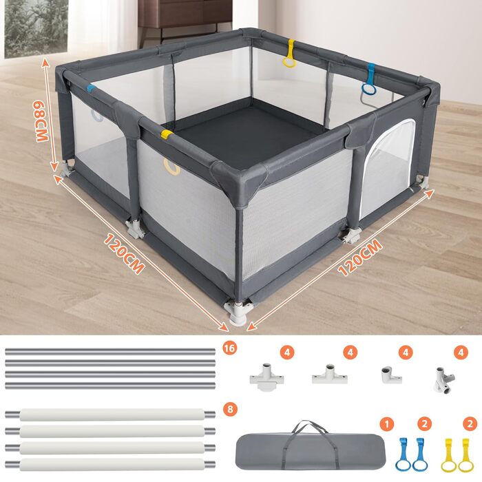 Дитячий манеж IBVIVIC 120x120 см, темно-сірий, з дихаючою сіткою та нековзною основою, огорожа для немовлят і малюків, 300D оксфордська тканина