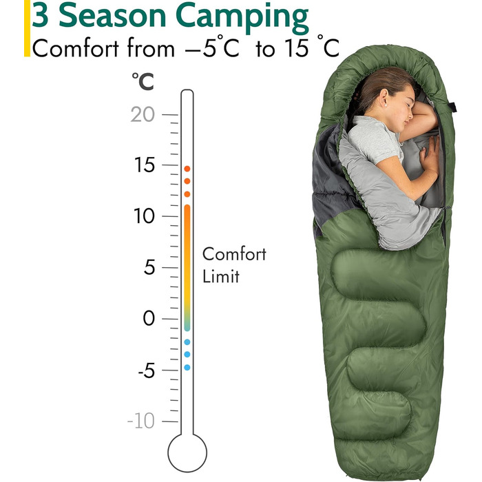 Дитячий спальний мішок Trail Mumienschlafsack 3 сезони для кемпінгу – 300gsm – для хлопчиків та дівчаток – з легким рюкзаком (Хакі)