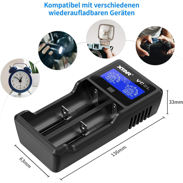 Зарядний пристрій XTAR VC2L для акумуляторів 18650/21700 з LCD дисплеєм та USB Type-C, 2 слоти, для Li-ion 3.6V/3.7V та Ni-MH/Ni-Cd AA/AAA
