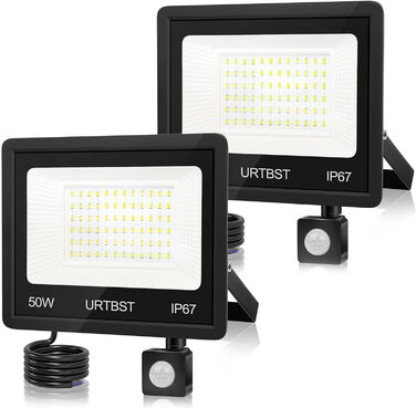 LED прожектор з датчиком руху для вулиці, 50Вт, 5000Лм, IP67, 7000K холодне біле світло, надяскравий, для саду, гаража, подвір'я (2 шт)