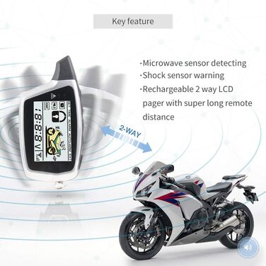 Двостороння сигналізація для мотоцикла EASYGUARD EM212 з LCD-пейджером, акумуляторним брелоком, ударним і мікрохвильовим датчиками, 12V