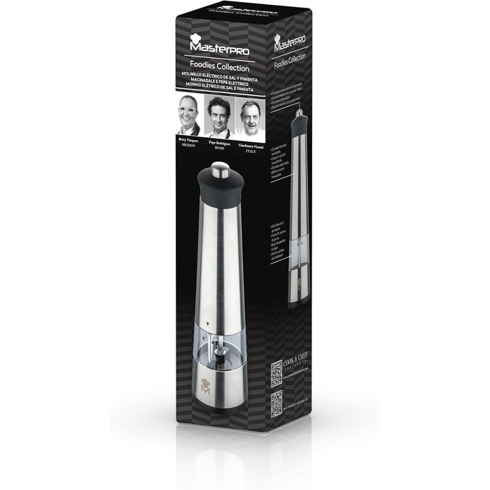 Електрична млин для перцю MasterPRO Foodies Collection, нержавіюча сталь 5.6x22 см, 2 відділення, безпечний дизайн