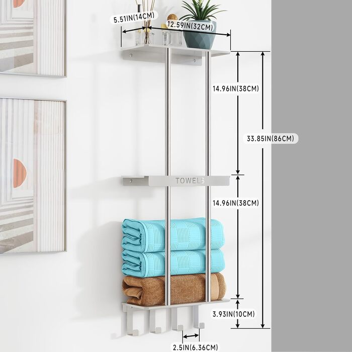 Трирівнева підставка для рушників з металевою полицею та 4 гачками, 86 см, срібна | Підставка для рушників для ванної кімнати