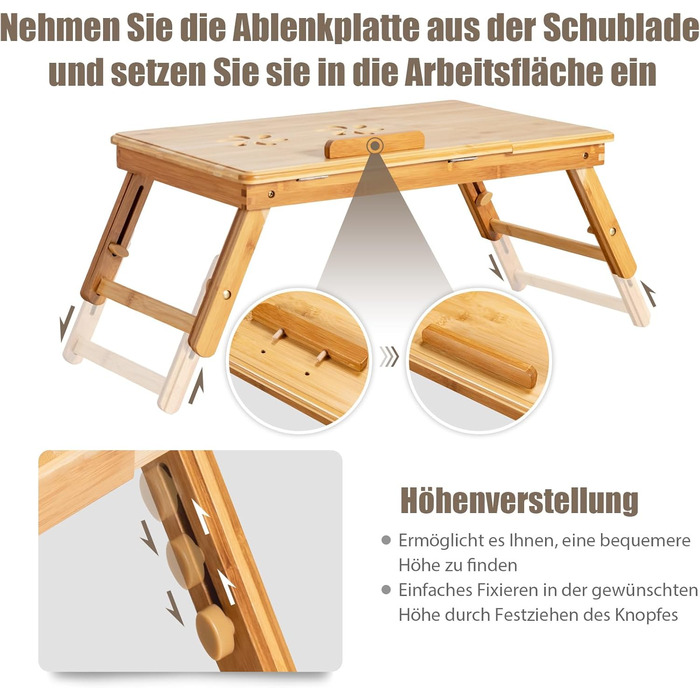 Столик для ноутбука COSTWAY з бамбука, регульований по висоті та куту нахилу, з вентиляцією, з ящиком, складний, для роботи та відпочинку, 53 x 33 x 20-26,5 см (натуральний бамбук)