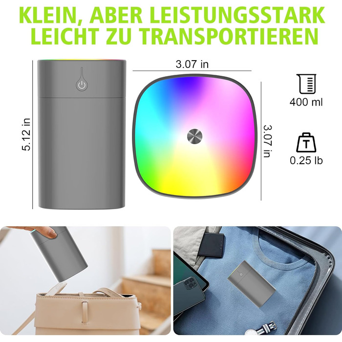 Портативний міні-увлажнитель повітря для спальні, 400 мл аромадифузор для дому, особистий настільний зволожувач для рослин, аромадифузор для дому, 2 режими, нічник, автоматичне вимкнення, чорний