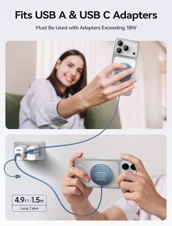 Бездротовий зарядний пристрій JSAUX MagSafe 15W, сумісний з iPhone 17 Air Pro Max, iPhone 16/15/14/13/12, AirPods 3/2, блакитний