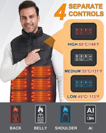 Обогреваемый жилет для мужчин и женщин с 26 зонами обогрева – жилет с поддержкой 5V/7.4V, быстрый нагрев, 4 зоны управления – идеально подходит для зимней велоспорта, кемпинга и работы – без аккумулятора, черный, XL