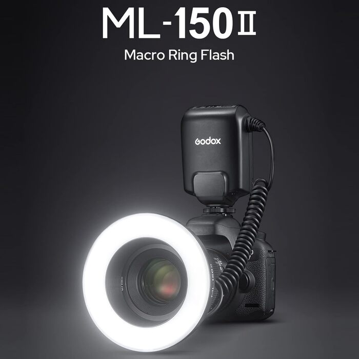 Godox ML-150II Макро-кільцевий спалах: 11 рівнів яскравості, кольорова температура 5800K, GN12, швидка перезарядка, 8 адаптерних кільця для Canon, Nikon, Sony DSLR камер