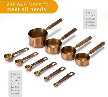 Malmo Measuring Cup and Spoon Set, 10-Piece, with Wooden Handle, Titanium-Coated Stainless Steel, Rose Gold (Rose Gold)
