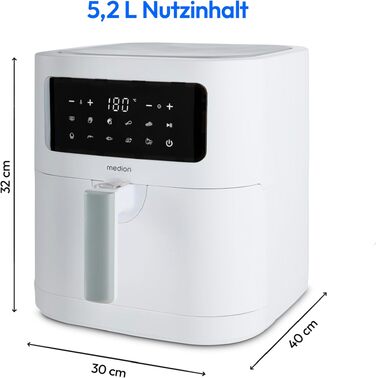 Аерофритюрниця MEDION E40 XL (5.2 л, 2150 Вт) з 9 автоматичними програмами, функцією випікання та сенсорним LED-дисплеєм, без PFAS, матовий сірий