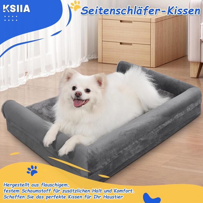KSIIA Orthopedic Dog Bed for Large Dogs, 105x70x18cm, Removable and Washable Cover, XL Dog Couch with THREE Raised Edges, Non-Slip Bottom, Egg Crate Foam Dog Basket, (L 90 x W 57 x H 16 cm, Light Grey)
