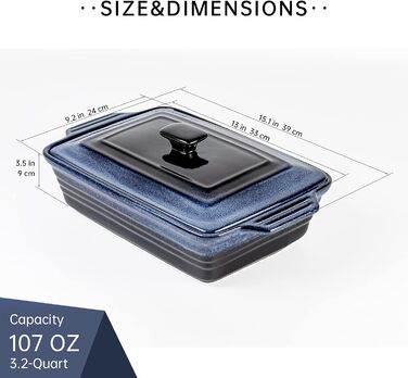 Керамічна форма для запікання з кришкою, прямокутна 39x24x9 см, велика пастетниця 3 л, синя, жаростійке каміння