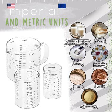 TreeBox Measuring Cups Glass - Small Measuring Cups - 3-Piece Set (250ml, 125ml & 50ml) - English Version - Robust and heat-resistant measuring cup set made of borosilicate glass - Microwave-safe - For baking & mixing