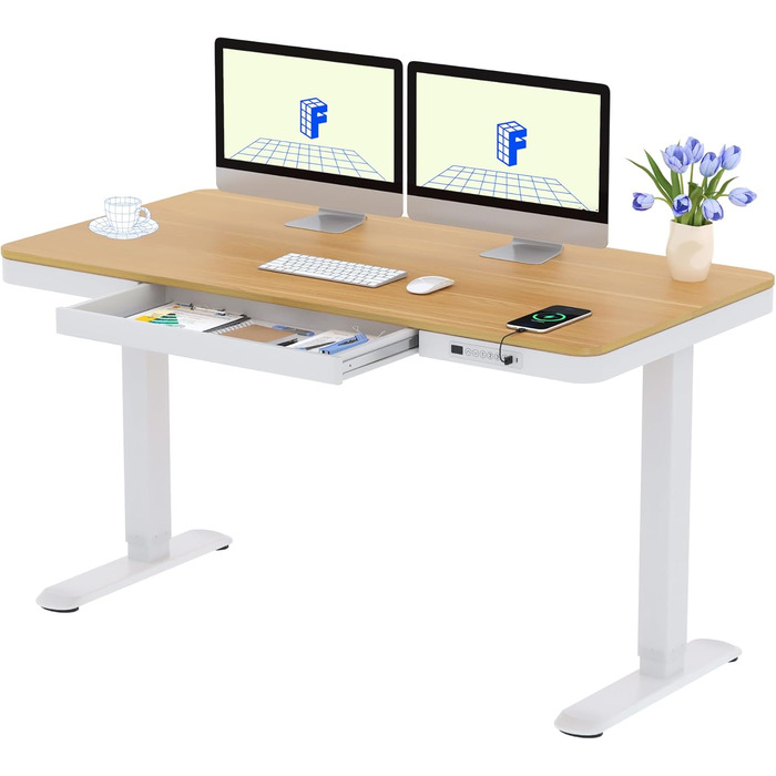FLEXISPOT Electric Standing Desk with LED Display, Memory Function, USB Port & Drawer - 140x70cm Natural Maplewood