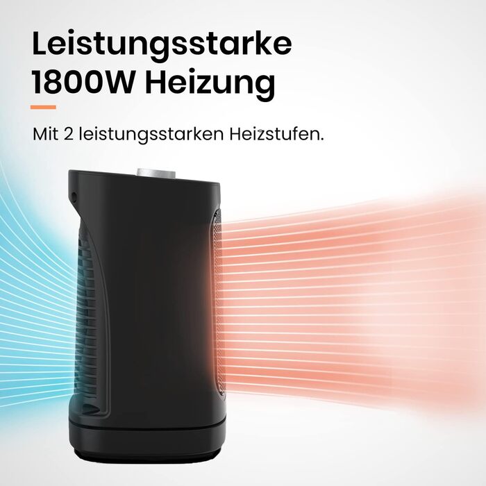 Про Breeze 1800W міні керамічний обігрівач з двома рівнями потужності, автоматичним гойданням та режимом охолодження для ванної, вітальні, офісу, тераси - чорний
