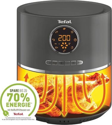 Tefal EY111B Ultra Fry Hot Air Fryer, Air Fryer, Frying, Roasting, Grilling, Baking, 1.2 kg for 6 people, 8 cooking programs, Digital display, energy-saving, healthy fryer without oil, Grey