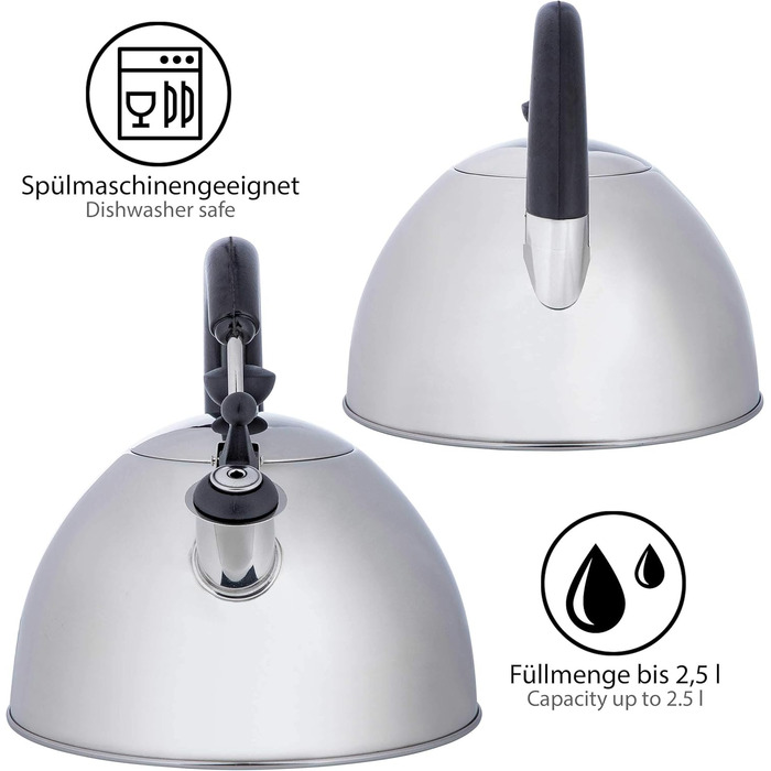 ONVAYA® Чайник з нержавіючої сталі | 2,5 л | Електрочайник | Чайник-заварник | Класичний свистковий чайник з мелодійним звуком | Для індукційних плит