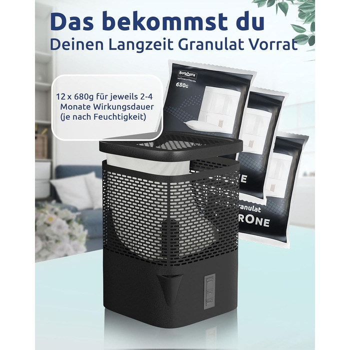 BonAura® AirOne Dehumidifier Refill Packs - 12 Pack - 680g Dehumidifier Granules - Refill Packs for Living Spaces - Protection Against Mold & Odors