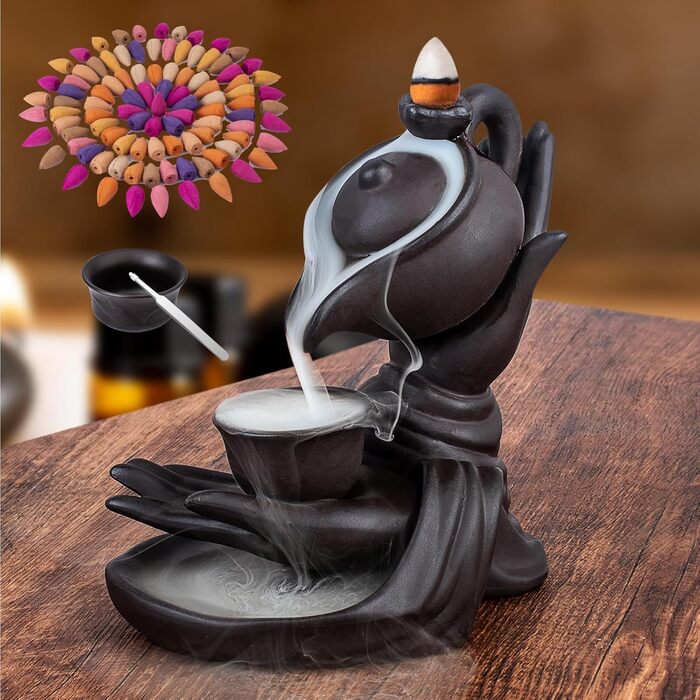 Waterfall Incense Holder Buddha Hand Backflow Incense Waterfall Burner Incense Stick Holder Waterfall with 100 Incense Cones 10 Types of Scents