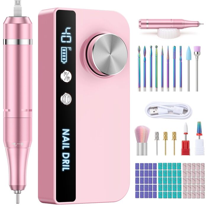 Електричний апарат для манікюру та педикюру з LCD-дисплеєм, 40000 об/хв, 15 насадок, рожевий. Для професійного та домашнього використання