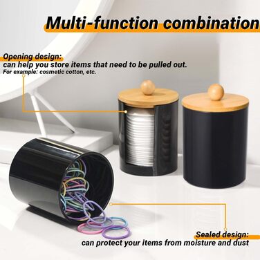 Диспенсер для ватних паличок та ватних дисків, чорний, 3 шт. - органайзер для ватного диска, бамбук, акрил