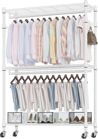 Double Clothes Rack/Garment Rod with Adjustable Shelves, Heavy-Duty Clothes Rack with 2 Hooks, Clothes Rack with Wheels, 90 * 42 * 205cm, White