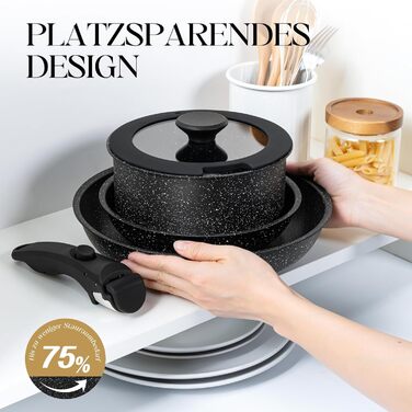 Набір сковорідок Michelangelo (20/24/28 см) з знімним ручками, індукційне дно, антипригарне покриття з мармуру, до 240°C, чорний (5-ти частинний)