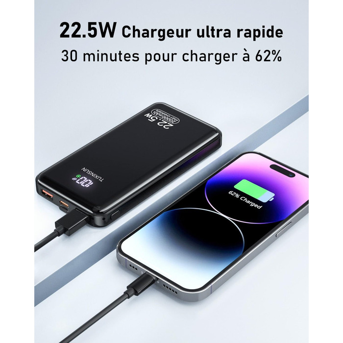 Power Bank 20000 mAh 22.5W з швидкою зарядкою PD3.0 QC4.0: Зовнішній акумулятор для смартфонів, смарт-годинників з LCD-дисплеєм та USB-C