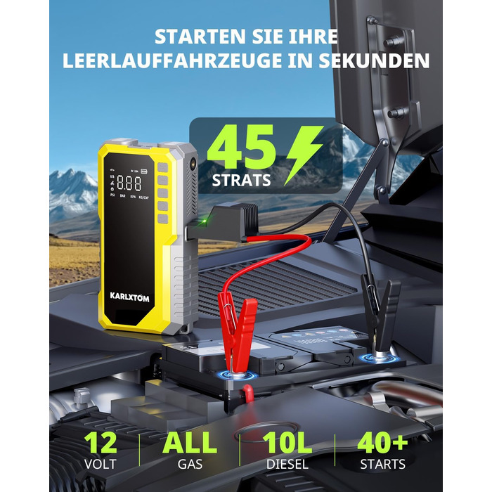 Powerbank для авто Karlxtom з компресором 190PSI, 88Wh, 4500A, LED-ліхтар, LCD-дисплей, для бензинових та дизельних двигунів (до 10L)