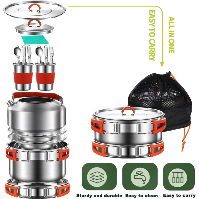 Набір посуду для кемпінгу з нержавіючої сталі 304, посуд для кемпінгу, каструля та сковорода з чайником, тарілками, виделкою, ножем, ложкою для 2-3 особи