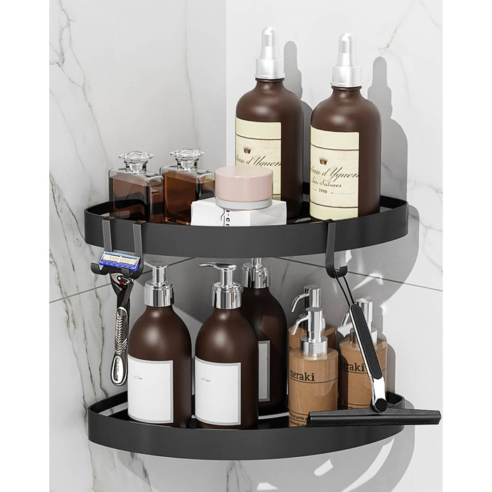 Дзеркальна поличка для душу кутова без свердління чорного кольору, 2 шт. з гачками для шампуню та мила, захист від іржі