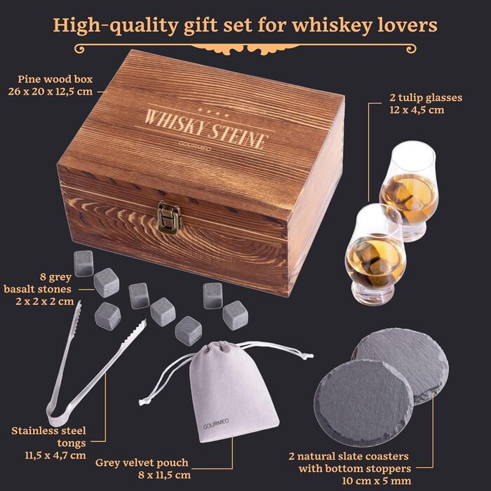 Набір склянок для віскі з аксесуарами та охолоджувальними каменями - 2 склянки, 8 каменів, пінцет з нержавіючої сталі - подарунковий набір віскі для чоловіків. 2 кришталеві келихи (2 тюльпанових келиха)