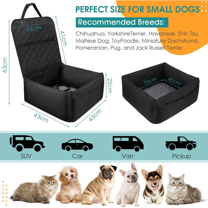 Автомобільний лежак для собак 2-в-1, чорний. Зігсвіт, з ременями безпеки, вбираючою підстилкою та знімним чохлом. Для маленьких собак