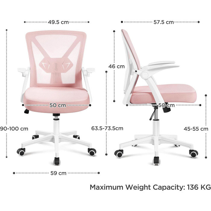 Офісне крісло Yaheetech з підйомними підлокітниками, сітчасте, ергономічне, з підтримкою попереку, функцією гойдання та регулюванням висоти (Рожеве)