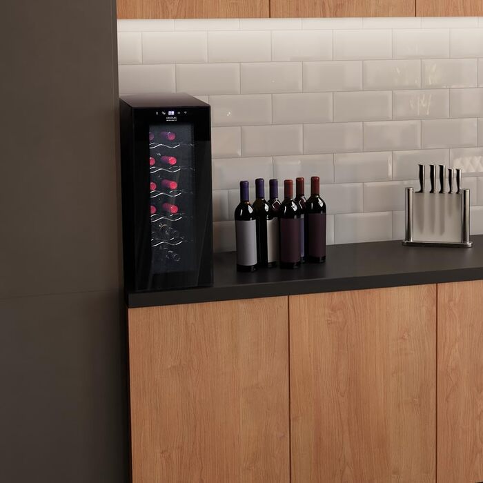 Cecotec Bolero GrandSommelier 830 CoolWood Wine Rack, Thermoelectric, Quiet and High Performance, Adjustable Temperature: 8-18ºC, Touch Control Panel, Displays, Eco-friendly. (12 Bottles, Black)